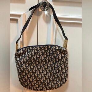 Monogram Print Navy and Beige Shoulder Bag